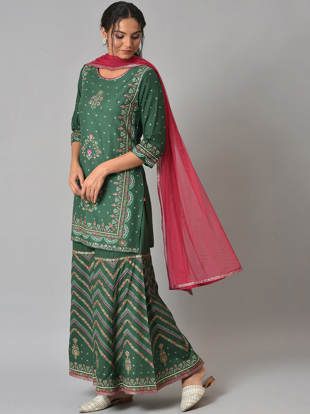 W Women Floral Printed Kurta with Sharara & With Dupatta