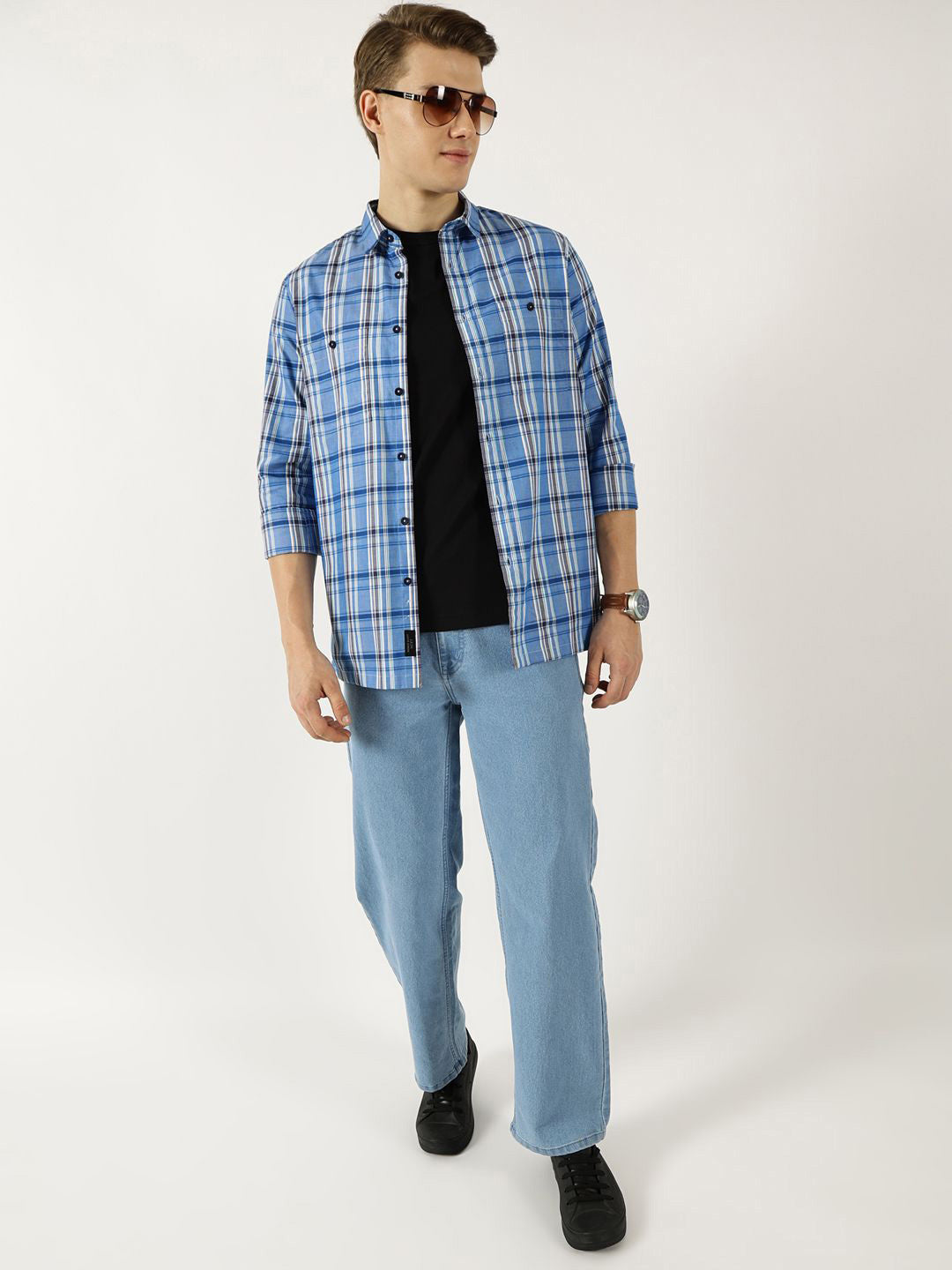 Thomas Scott Men Classic Spread Collar Tartan Checked Cotton Slim Fit Casual Shirt