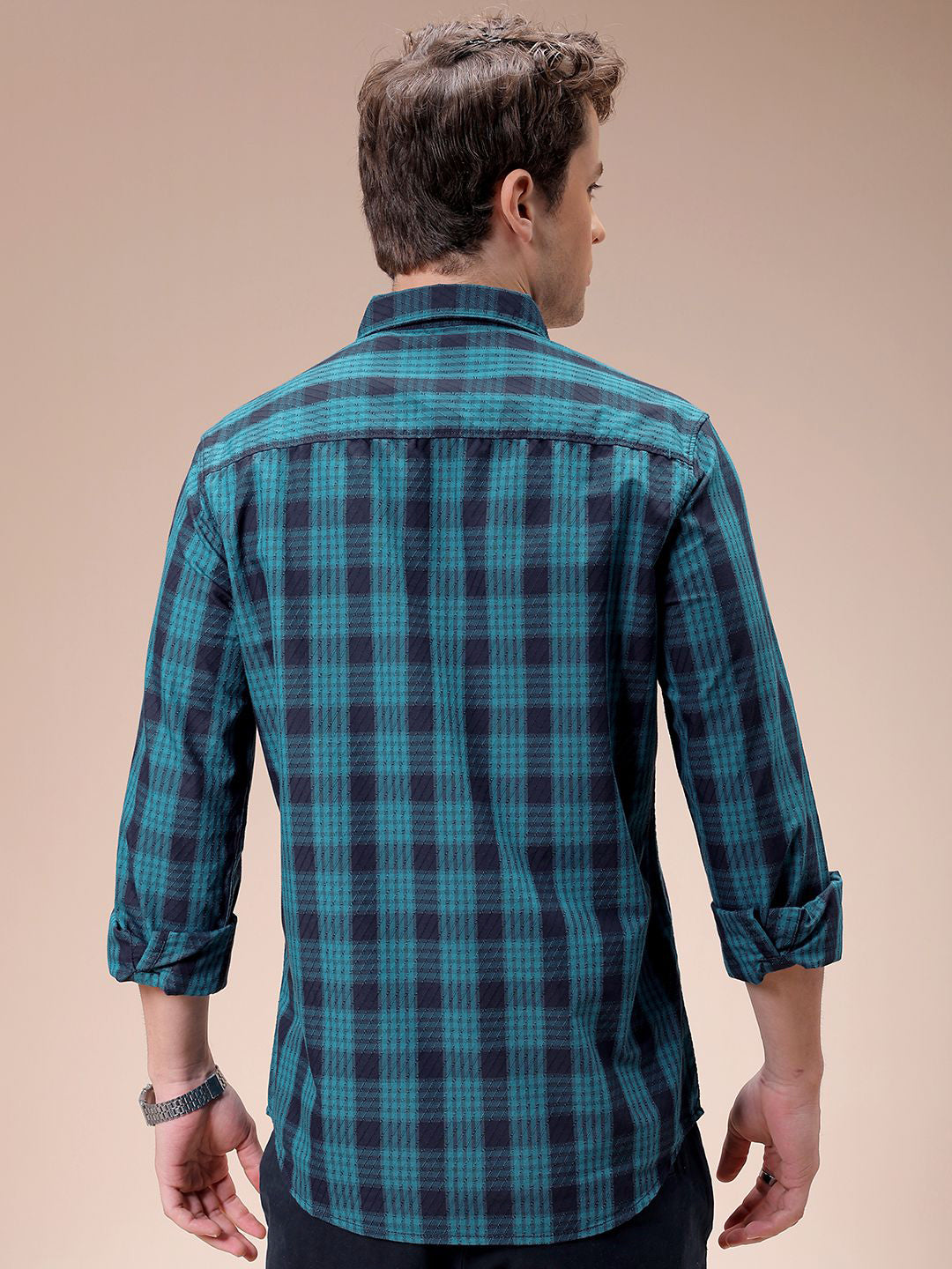 The Indian Garage Co Men Spread Collar Tartan Checked Cotton Slim Fit Casual Shirt