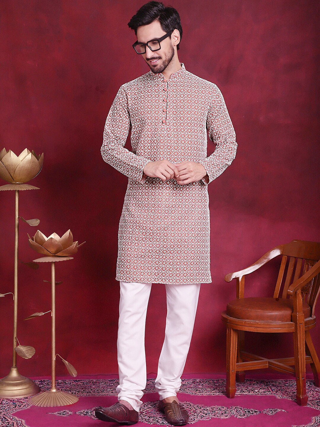 Jompers Geometric Embroidered Pure Cotton Chikankari Kurta