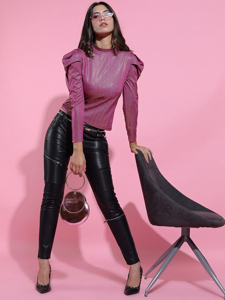 Tokyo Talkies Magenta Embellished High Neck Puffed Sleeves Top