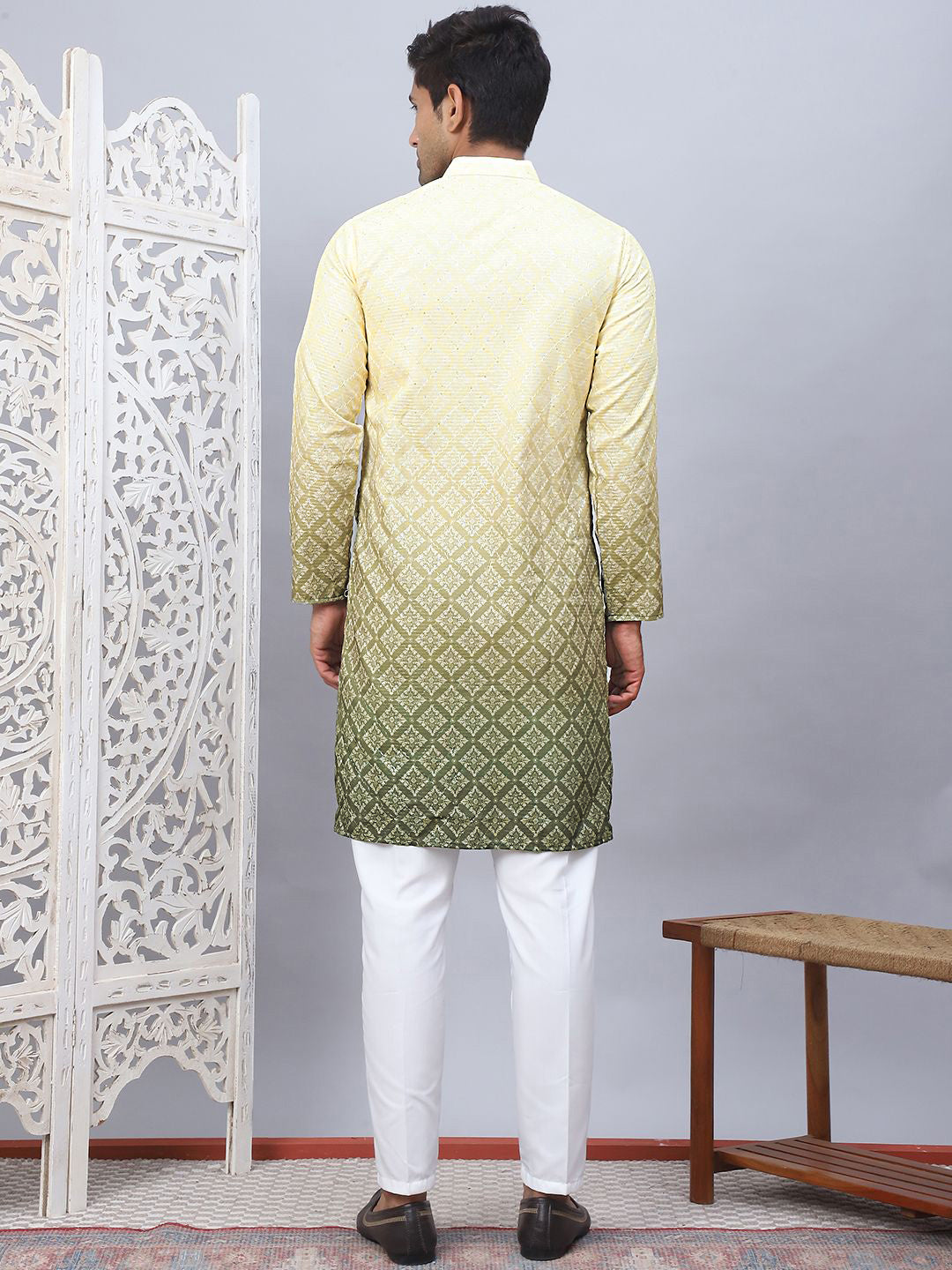 Jompers Ombre Printed Mandarin Collar Sequinned Straight Kurta With Pyjamas