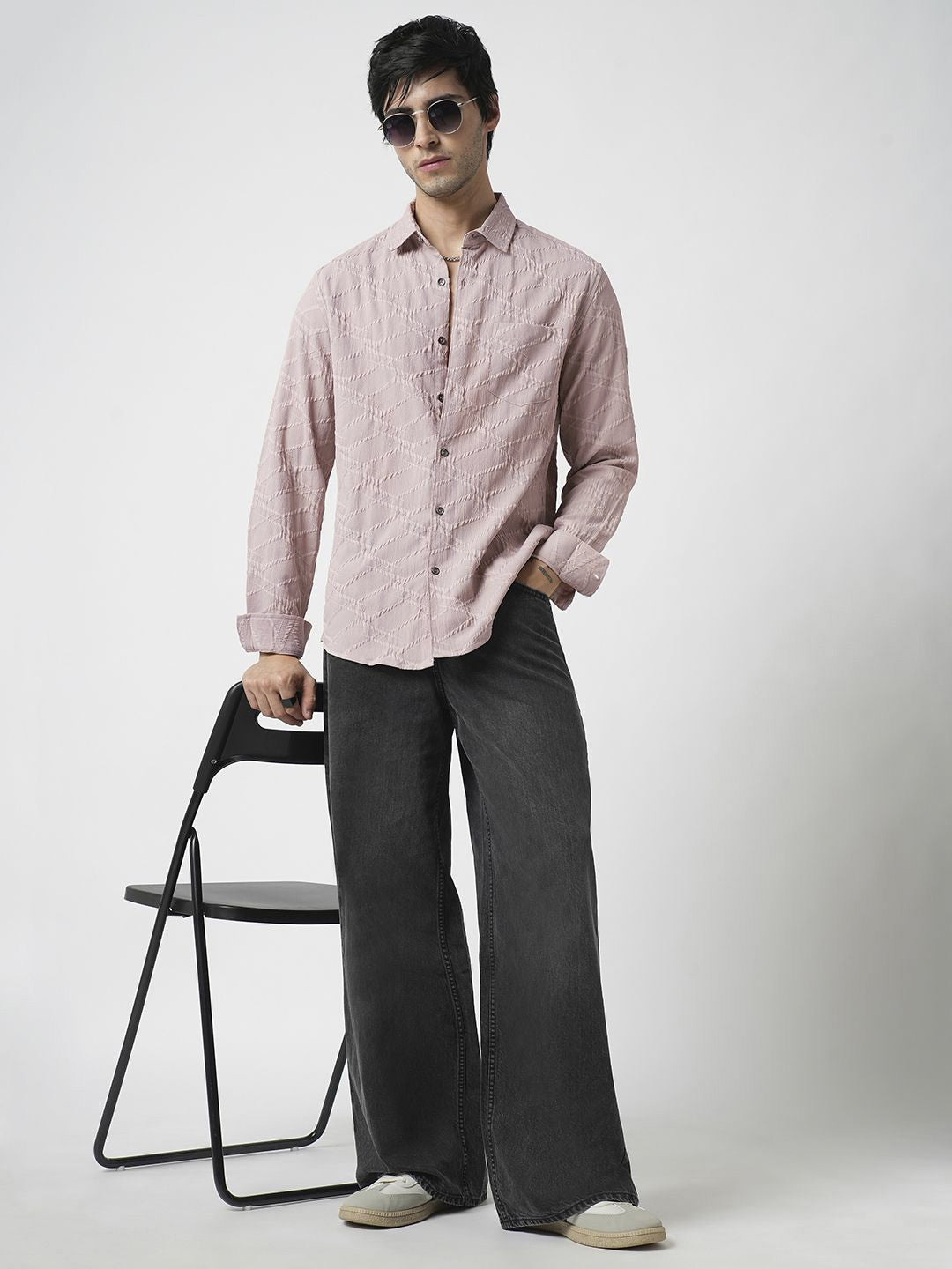 VASTRADO Men Classic Slim Fit Spread Collar Textured Casual Shirt