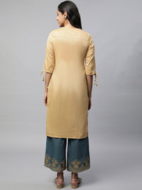 AURELIA Ethnic Motif Yoke Design V Neck Sequinned Straight Kurta