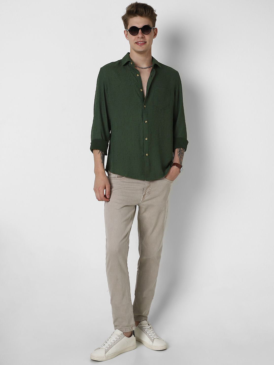 VASTRADO Men Classic Spread Collar Textured Slim Fit Casual Shirt