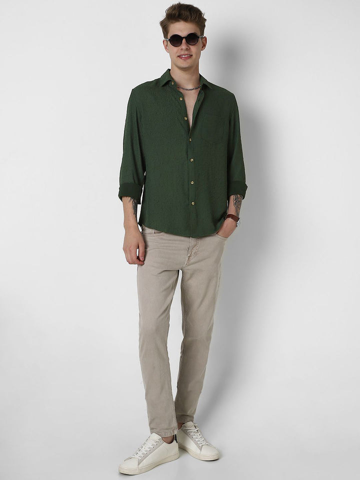 VASTRADO Men Classic Spread Collar Textured Slim Fit Casual Shirt