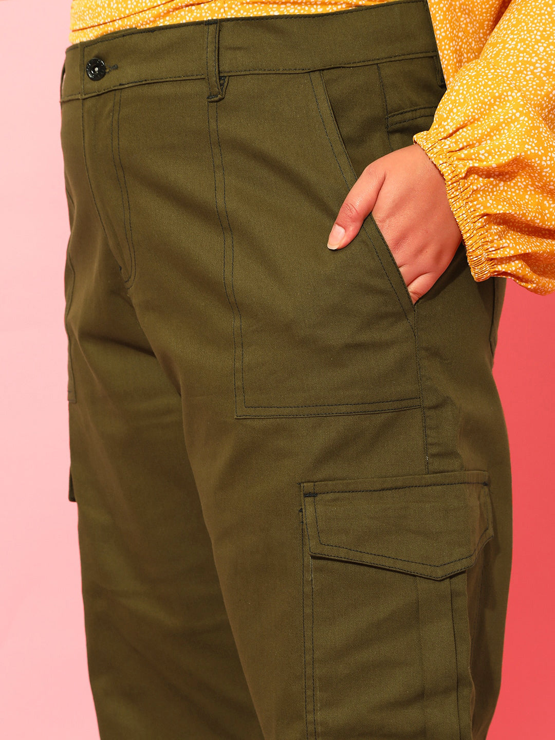 CURVY STREET Women Plus Size Olive Green Relaxed Straight Leg Pure Cotton Trousers