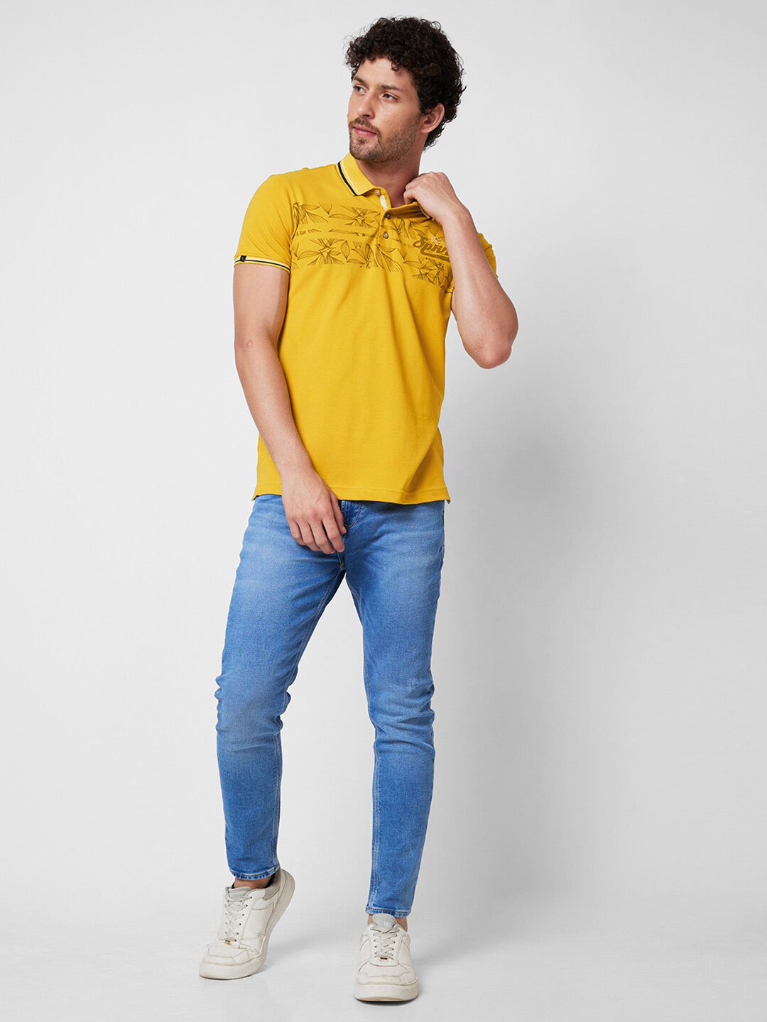 SPYKAR Polo Collar Short Sleeves Floral Print Cotton Slim Fit T-shirt