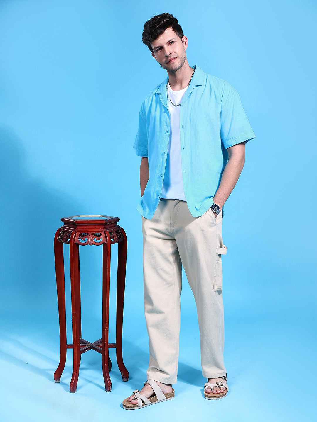 The Indian Garage Co Men Cuban Collar Relaxed Fit Pure Cotton Resortwear Shirt