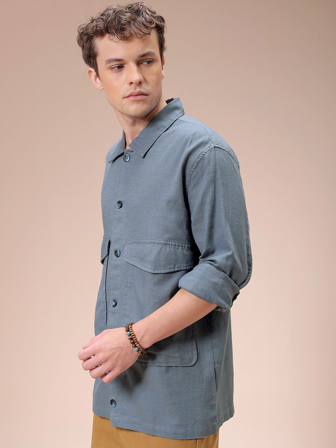 The Indian Garage Co Men Regular Fit Solid Double Flap Pocket Resortwear Overshirt