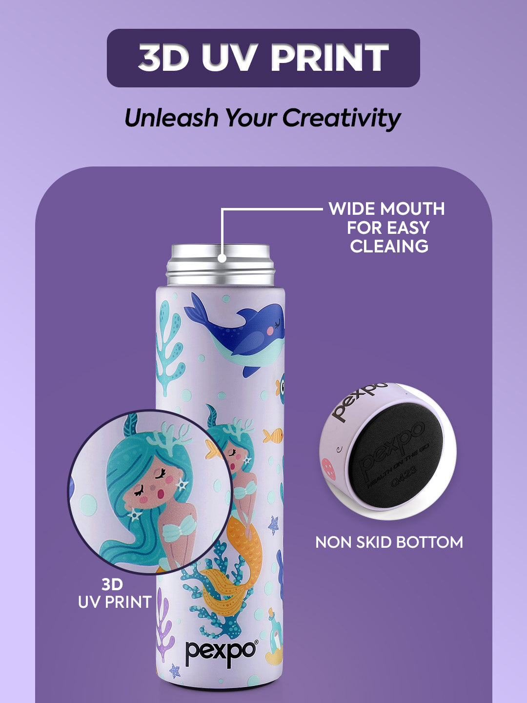 Pexpo Purple Printed Stainless Steel Double Wall Vacuum Water Bottle 470ml