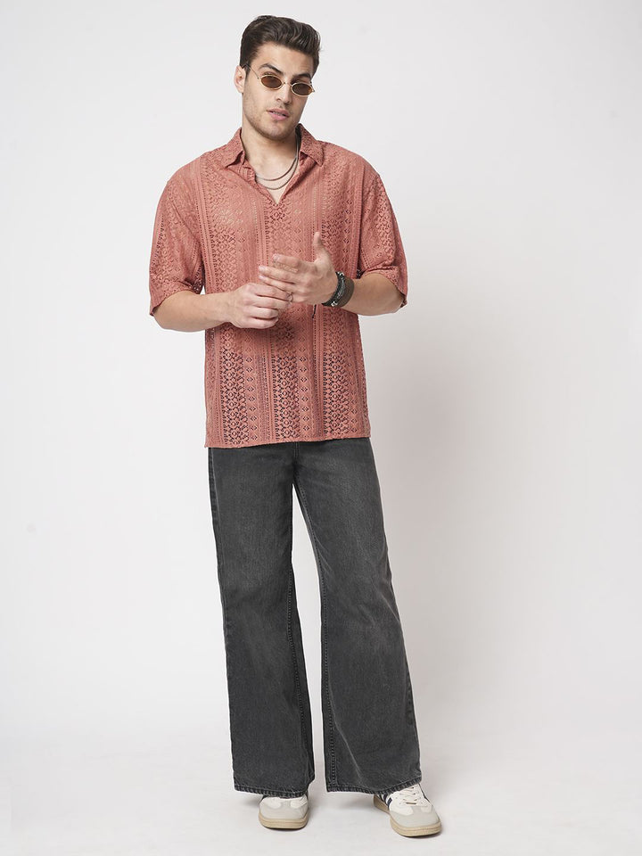 VASTRADO Men Classic Oversized Fit Spread Collar Textured Cotton Casual Shirt