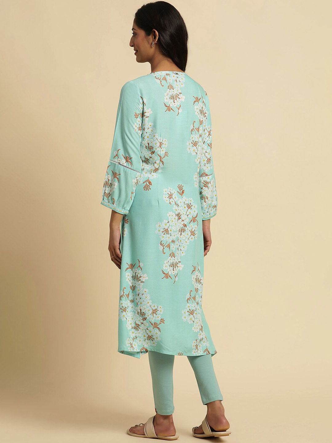 W Blue Floral Printed Keyhole Neck Thread Work Empire A-Line Kurta