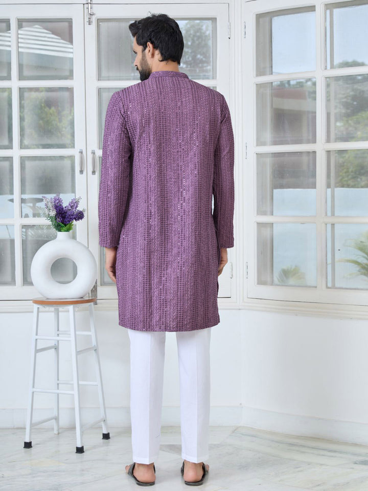 See Designs Floral Embroidered Mandarin Collar Thread Work Straight Kurta