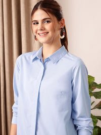 STREET 9 Blue Comfort Spread Collar Cotton Longline Oversized Casual Shirt