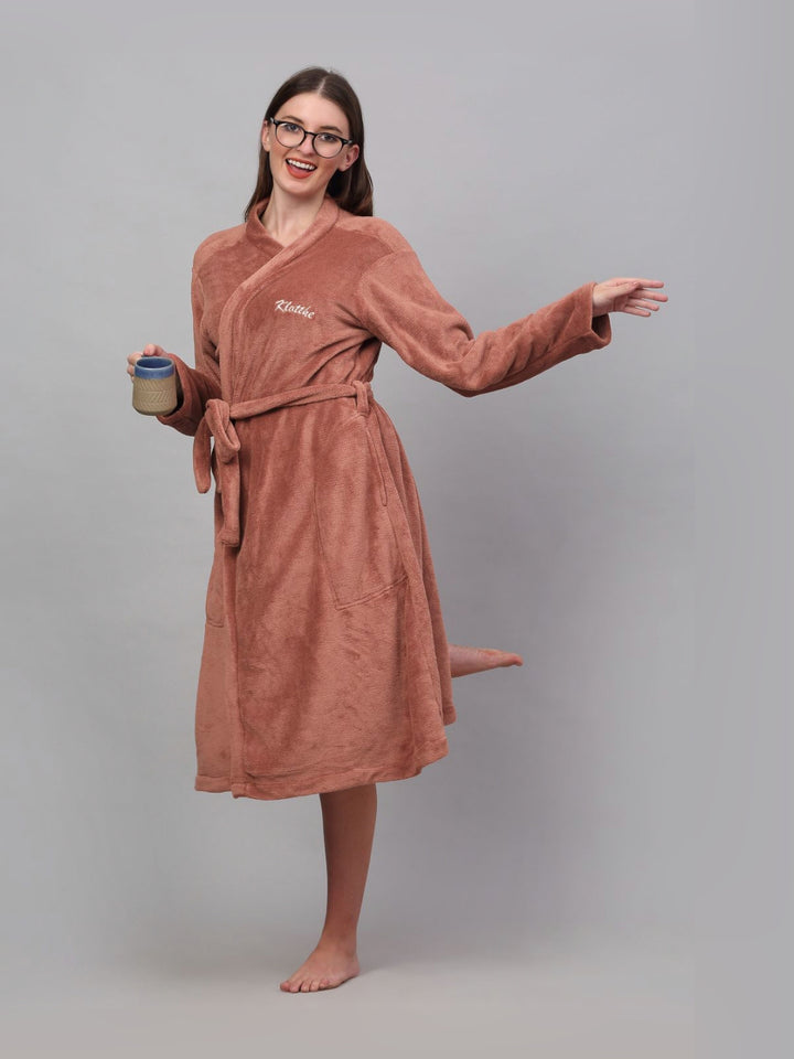 KLOTTHE Rust Woollen Long Sleeves Bath Robe With Belt