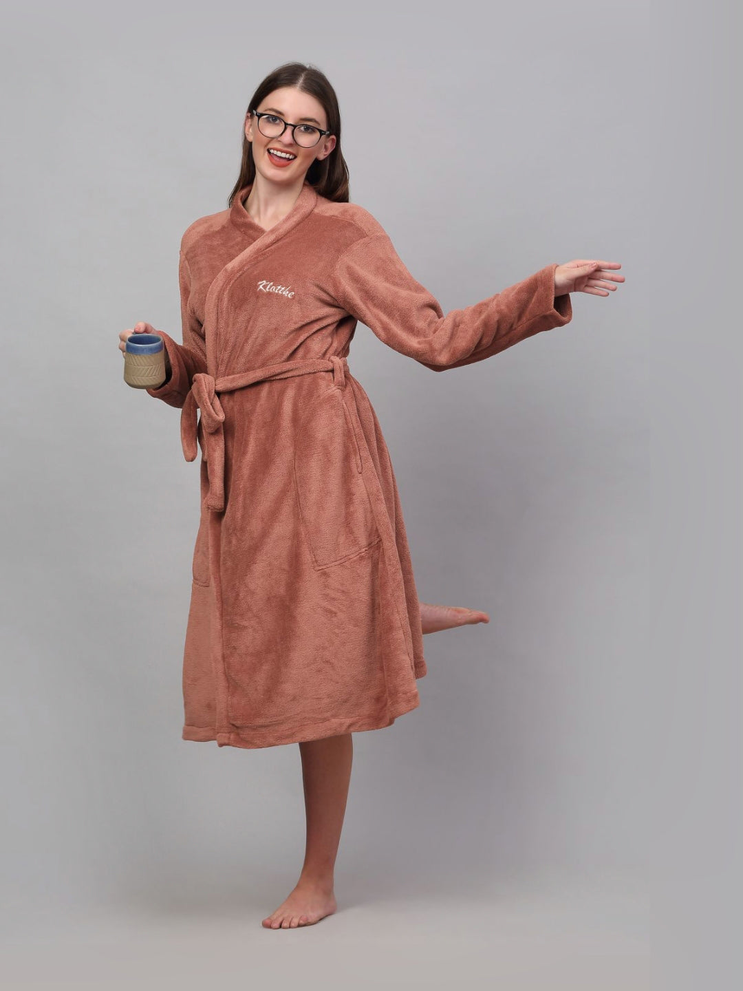 KLOTTHE Rust Woollen Long Sleeves Bath Robe With Belt
