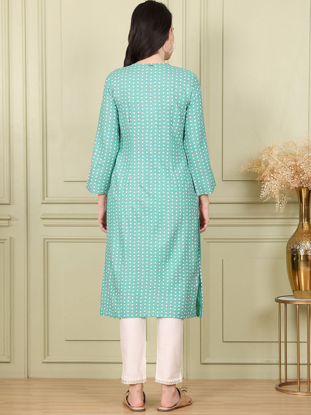 W Women Geometric Printed Flared Sleeves Sequinned Kurta