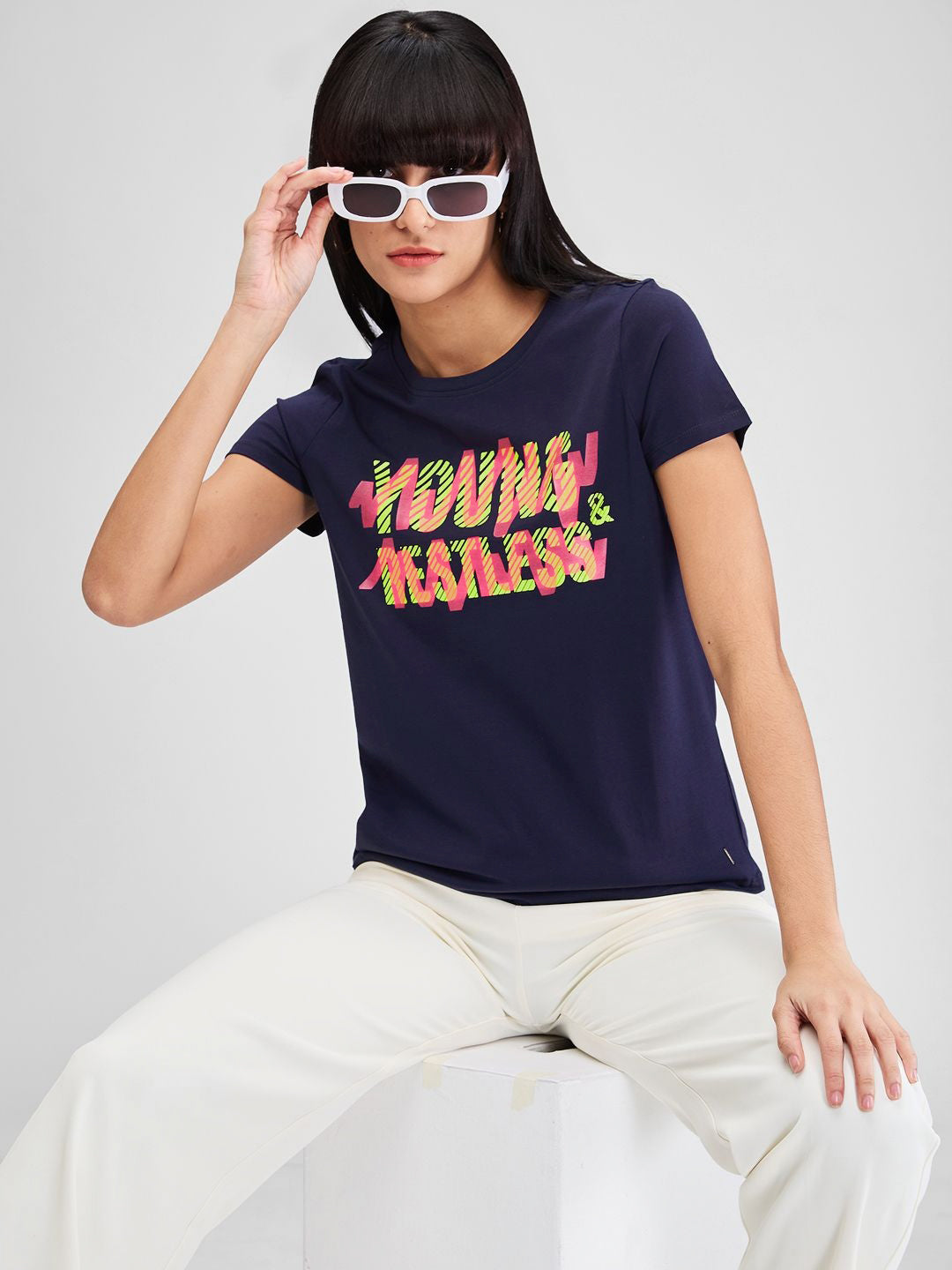 SPYKAR Women Typography Applique T-shirt