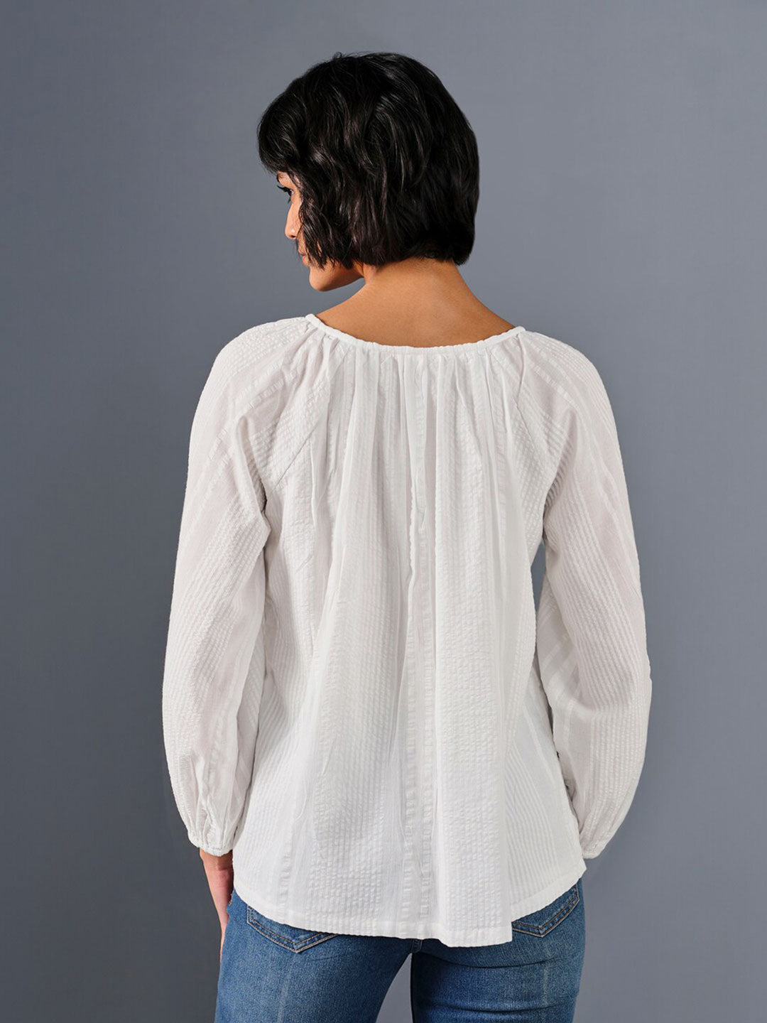 AND Tie-Up Neck Puff Sleeve Pure Cotton  A-Line Top