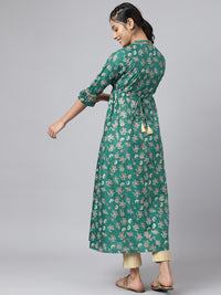 AURELIA Women Green Ethnic Motifs Printed Keyhole Neck Kurta
