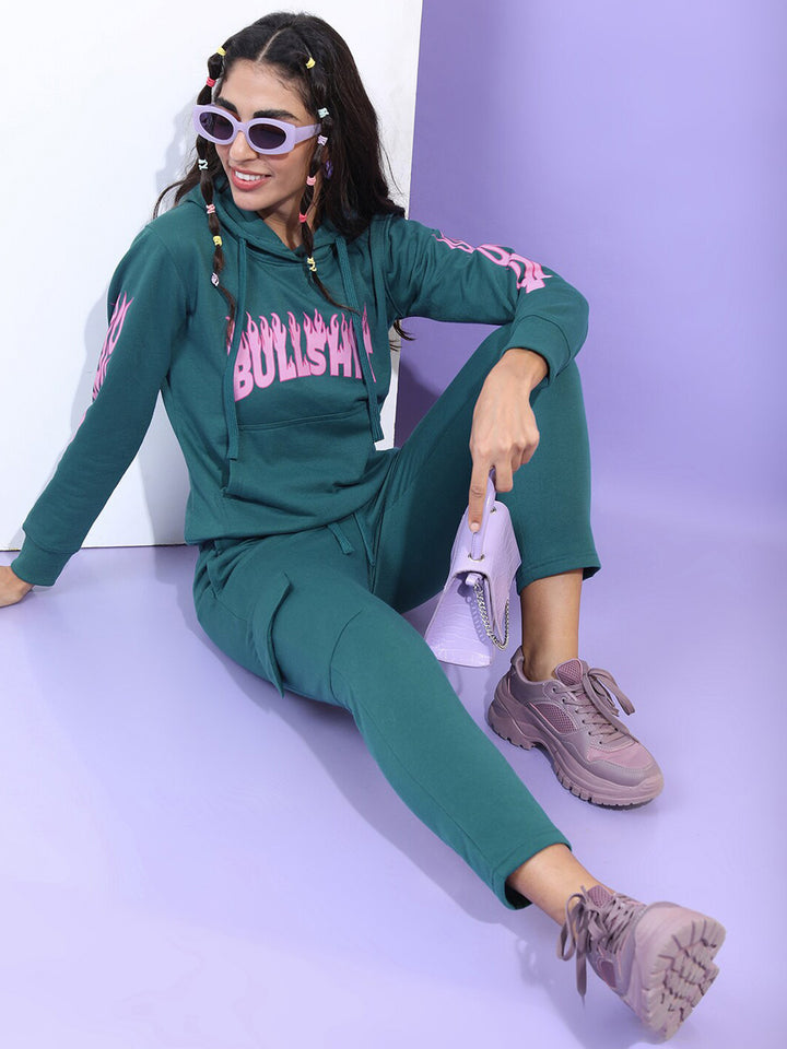 Tokyo Talkies Women Teal Printed Hooded Sweatshirt