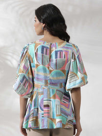 W Geometric Printed Puffed Sleeves Top