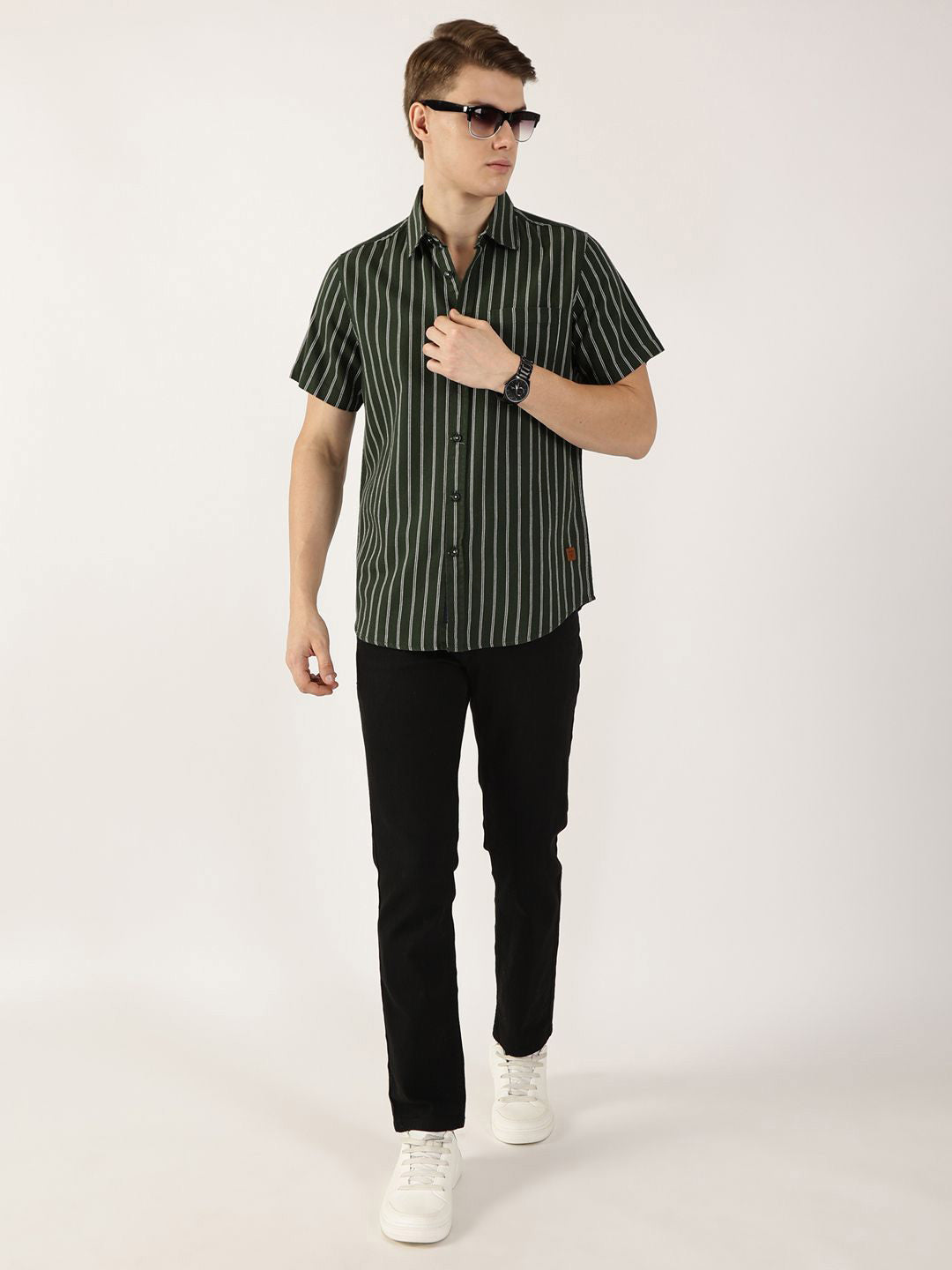 Thomas Scott Men Classic Slim Fit Spread Collar Vertical Striped Cotton Casual Shirt