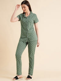 Sweet Dreams Green & White Conversational Printed Pure Cotton Night Suits