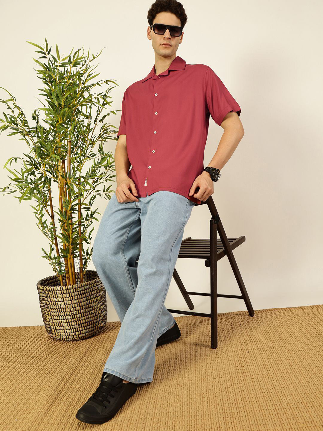 Thomas Scott Men Premium Cuban Collar Solid Oversized Casual Shirt