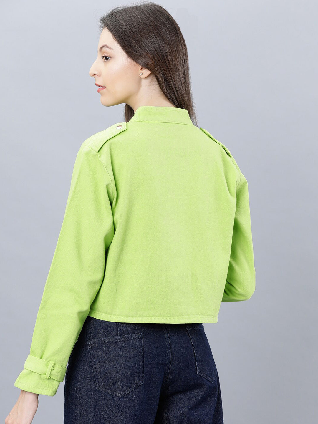 Tokyo Talkies Women Green Solid Crop Pure Cotton Denim Jacket