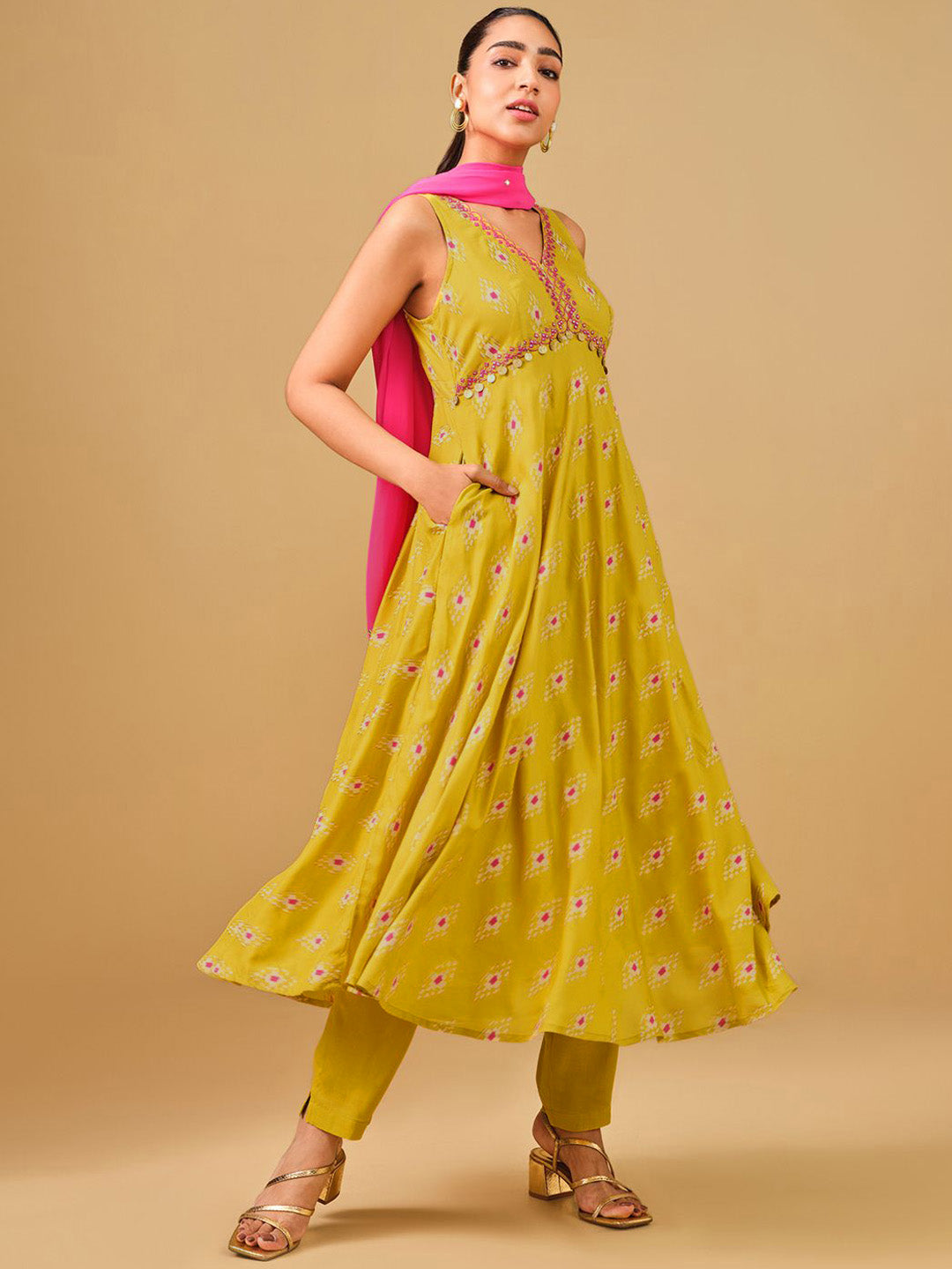 Global Desi Ethnic Motifs Printed Mirror Work Anarkali Kurta with Trousers & Dupatta