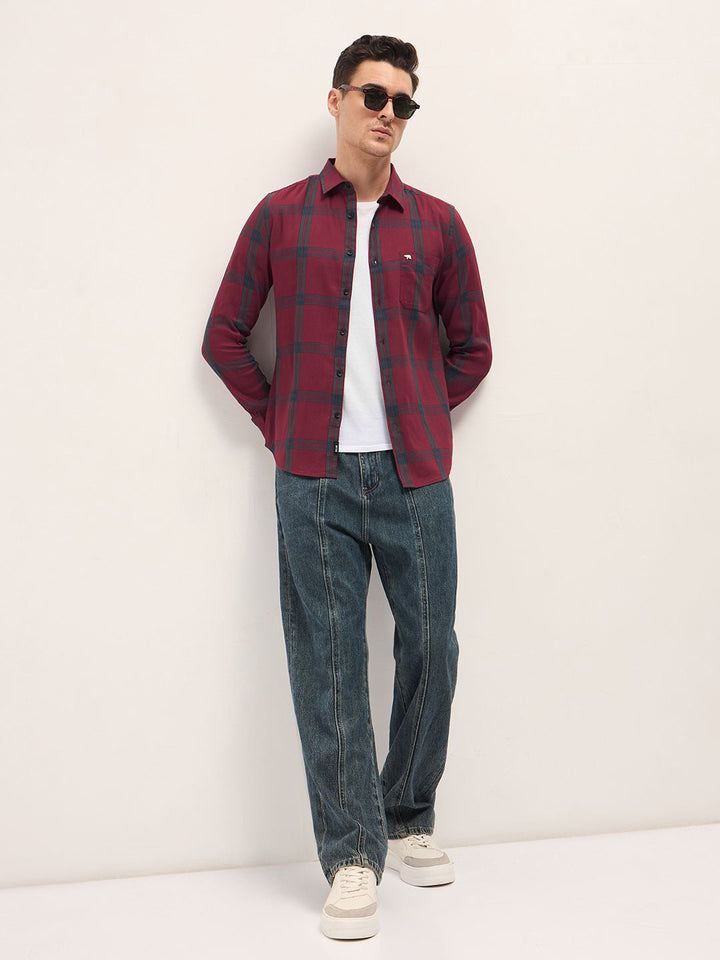 THE BEAR HOUSE Men Slim Fit Spread Collar Windowpane Checked Cotton Casual Shirt