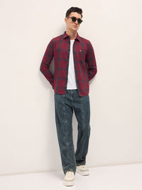 THE BEAR HOUSE Men Slim Fit Spread Collar Windowpane Checked Cotton Casual Shirt