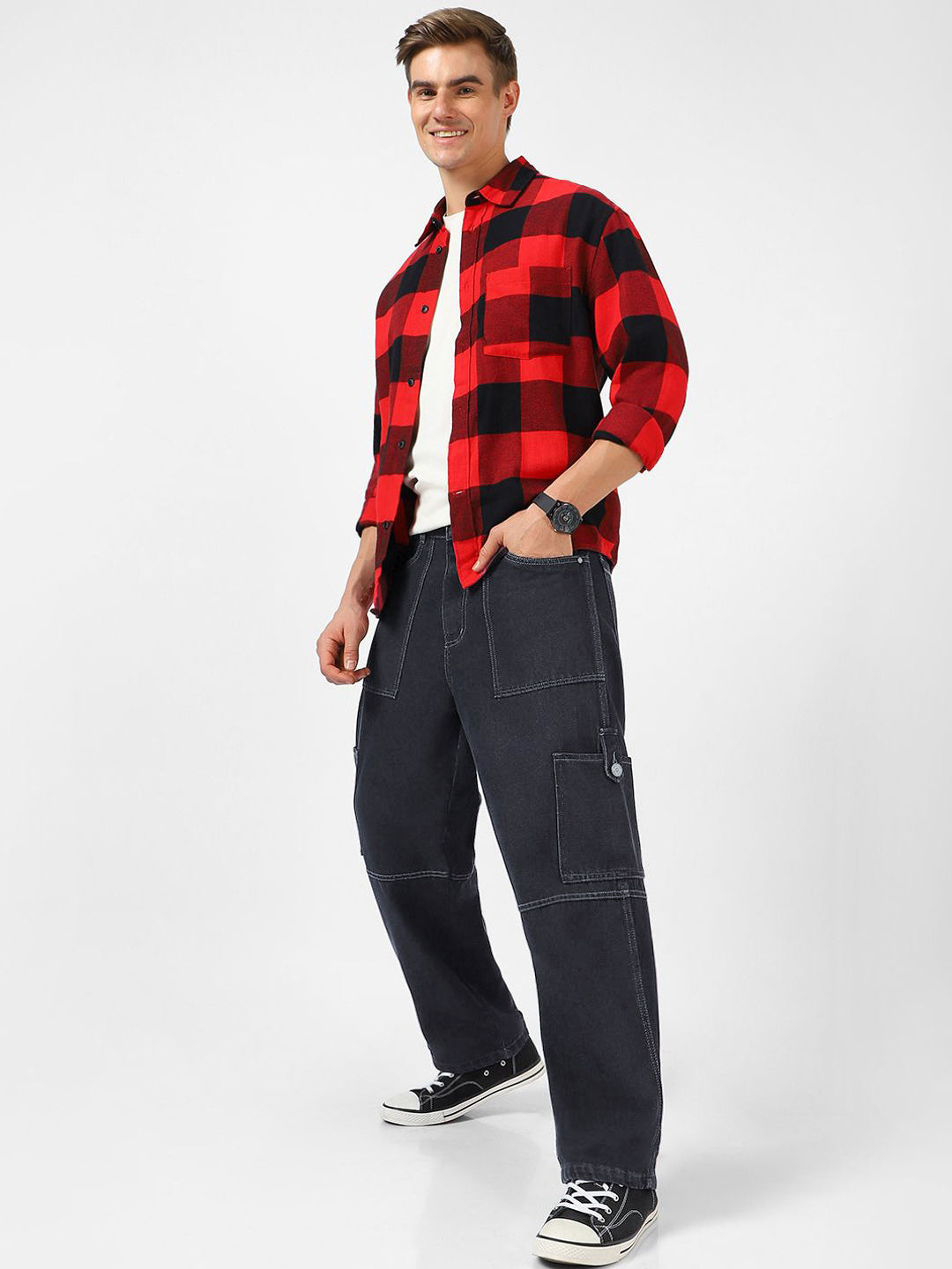 Urbano Fashion Men Loose Baggy Fit Washed Cargo Jeans with 6 Pockets Non-Stretchable