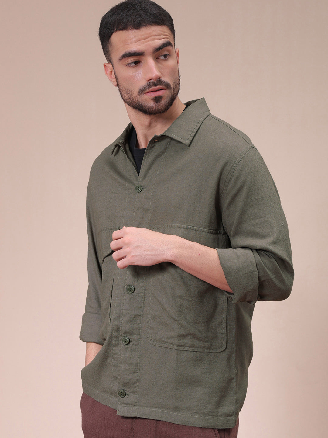 The Indian Garage Co Men Regular Fit Solid Double Flap Pocket Resortwear Overshirt