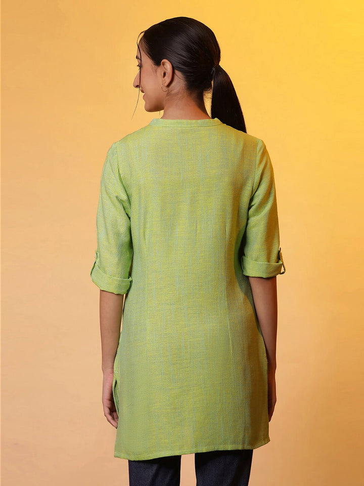 AURELIA Mandarin Collar Roll-Up Sleeves Pure Cotton Kurti