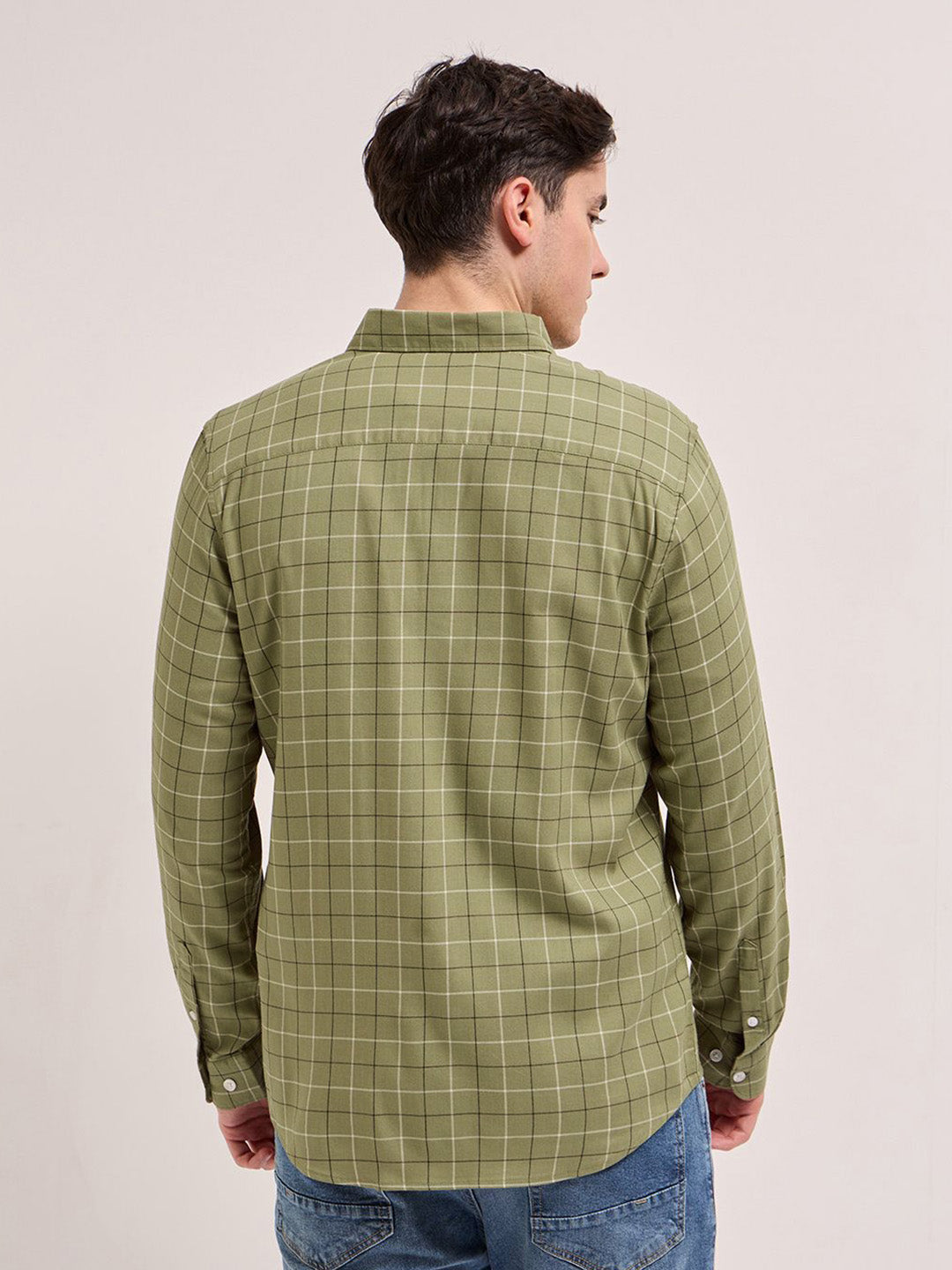 THE BEAR HOUSE Men Spread Collar Windowpane Checked Cotton Slim Fit Casual Shirt