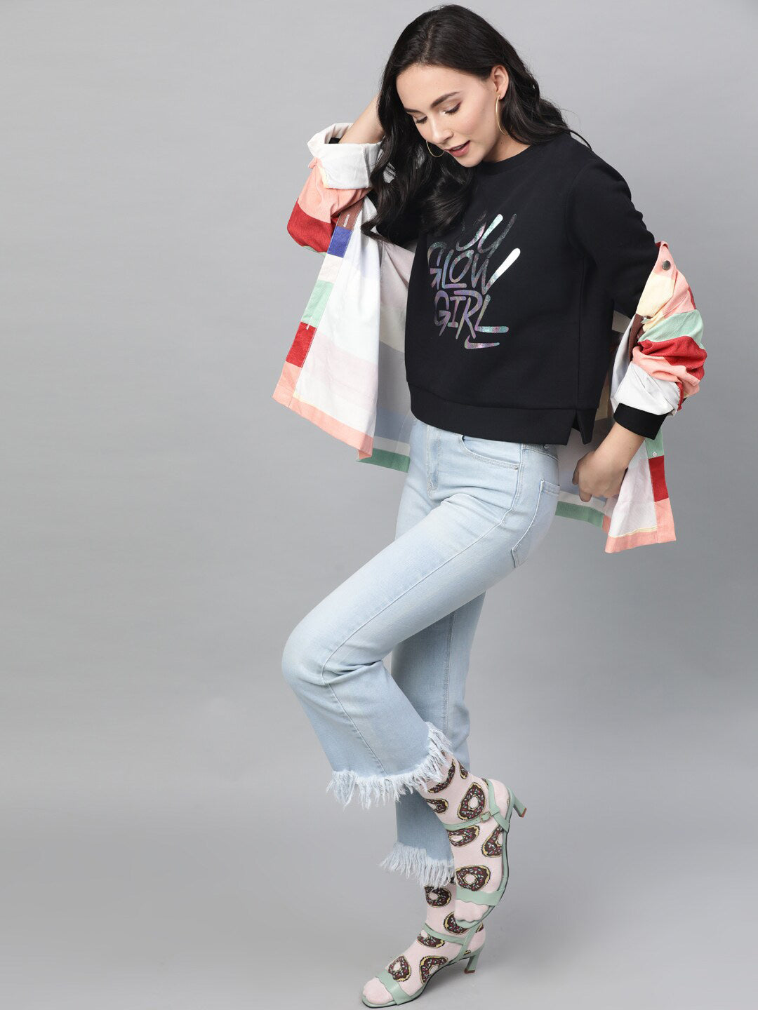 STREET 9 Women Black &amp; White Printed Sweatshirt