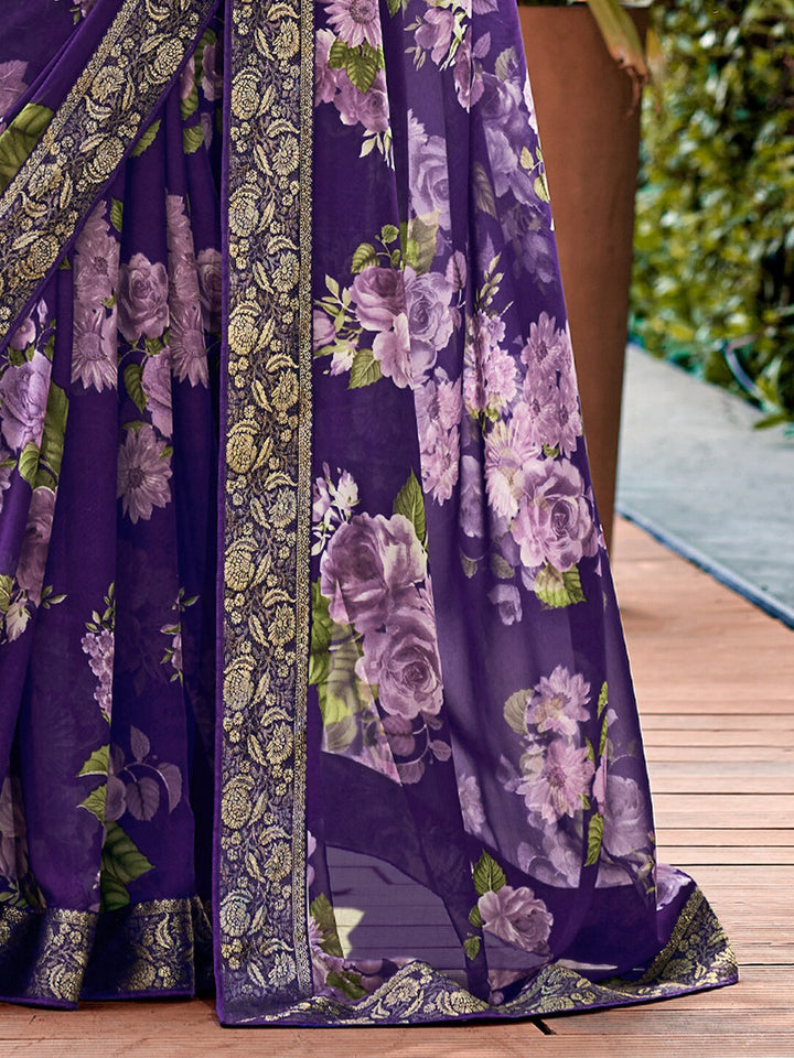 Saree mall Violet Floral Printed Poly Georgette Saree