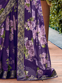 Saree mall Violet Floral Printed Poly Georgette Saree