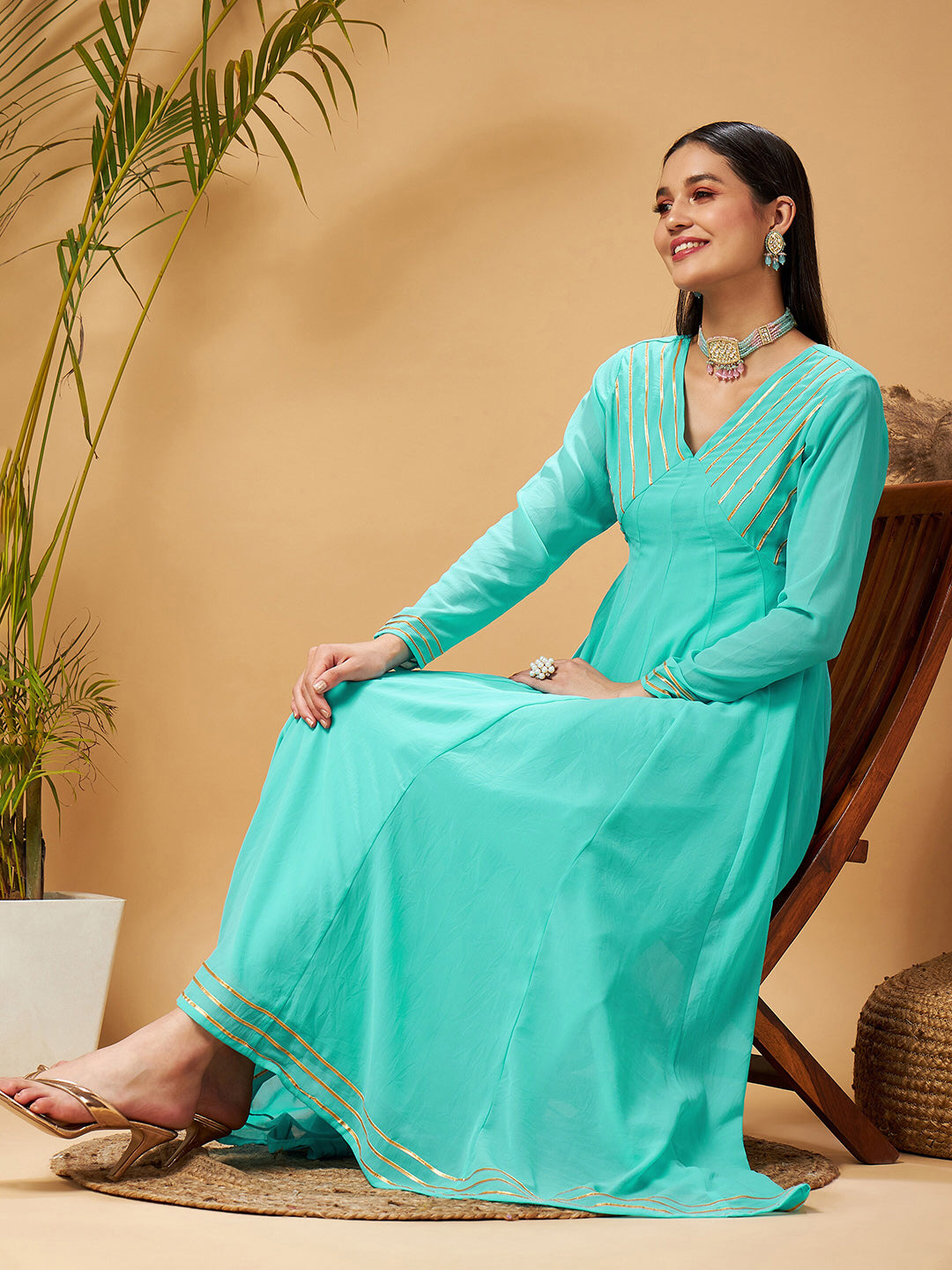 Shae by SASSAFRAS Blue Gotta Patti Detail Anarkali Maxi Dress
