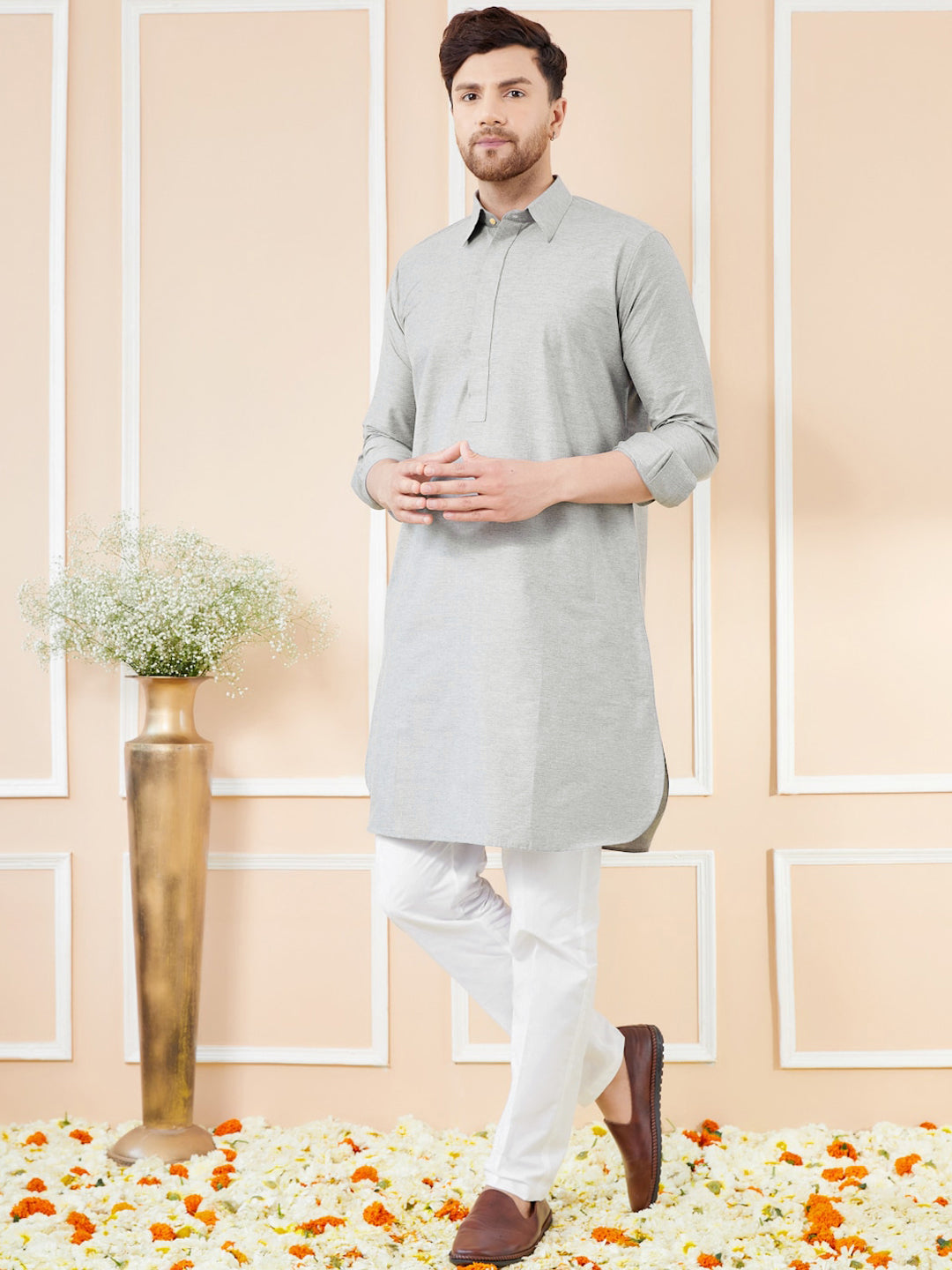 See Designs Shirt Collar Long Sleeves Pure Cotton Pathani Kurta With Pyjamas