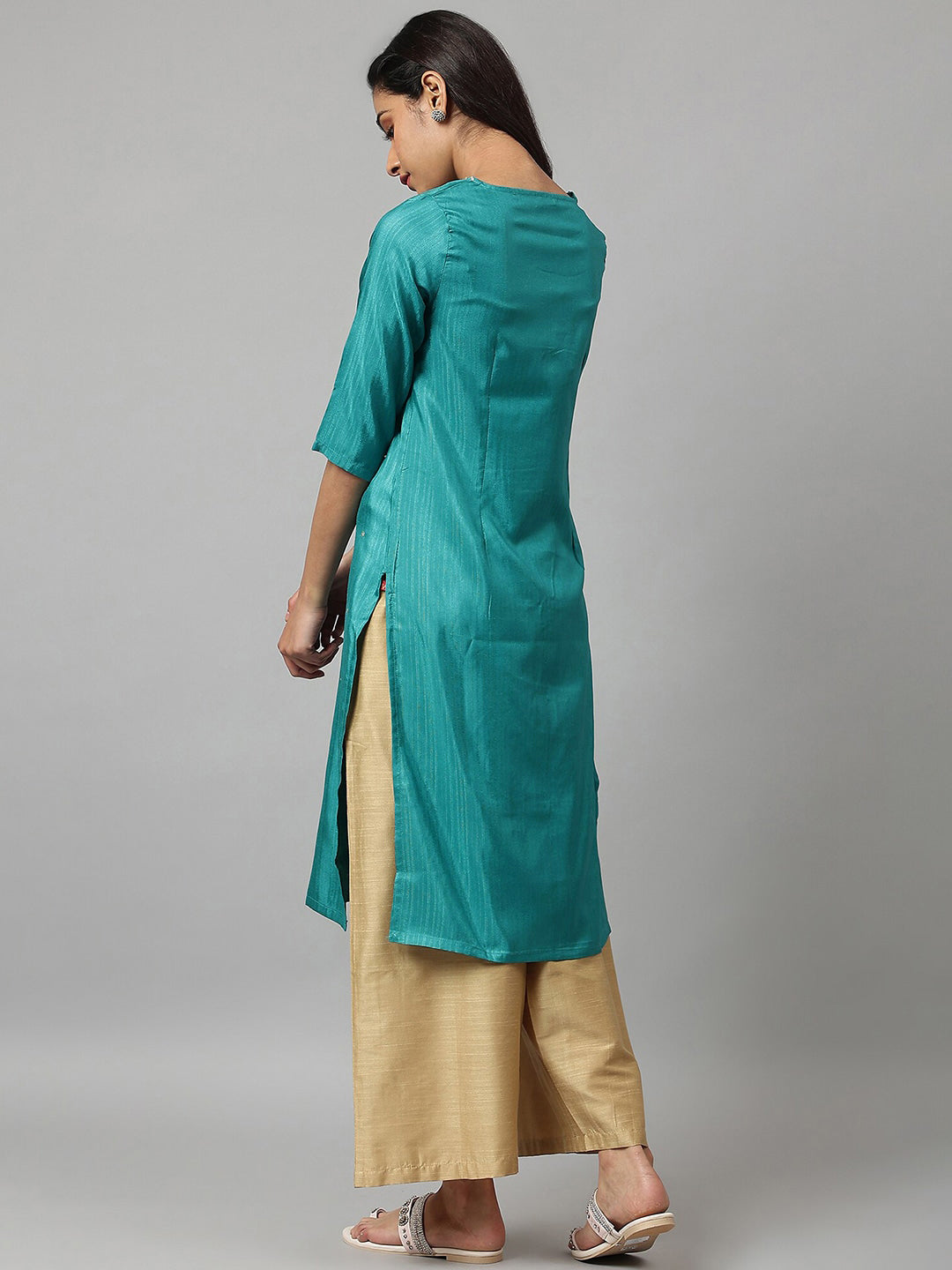 W Women Teal Thread Work Indie Prints Kurta