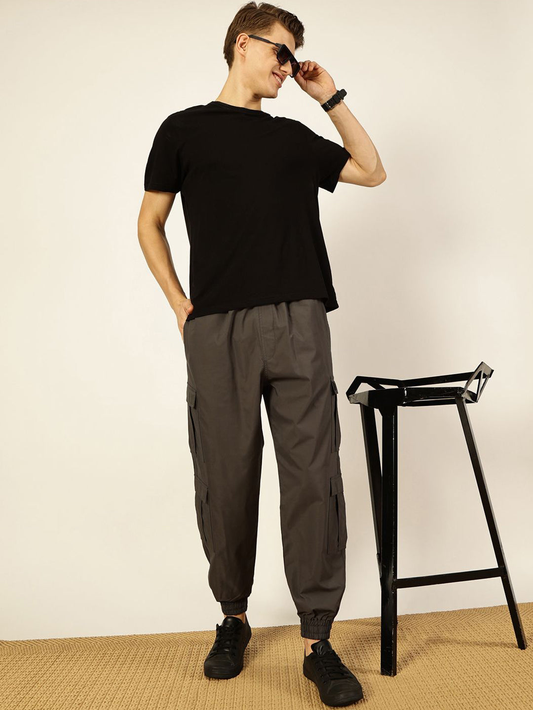 Thomas Scott Men Casual Loose Fit Mid-Rise Cotton Wrinkle Free Solid Joggers Trousers