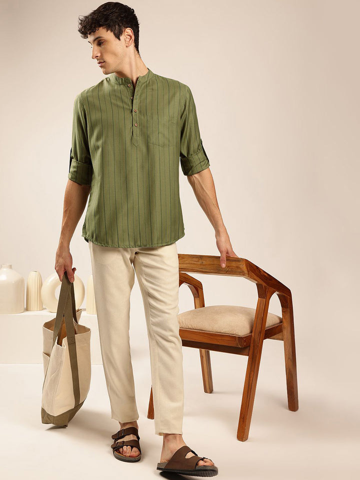 Anouk Striped Mandarin Collar Roll-Up Sleeves Short Kurta