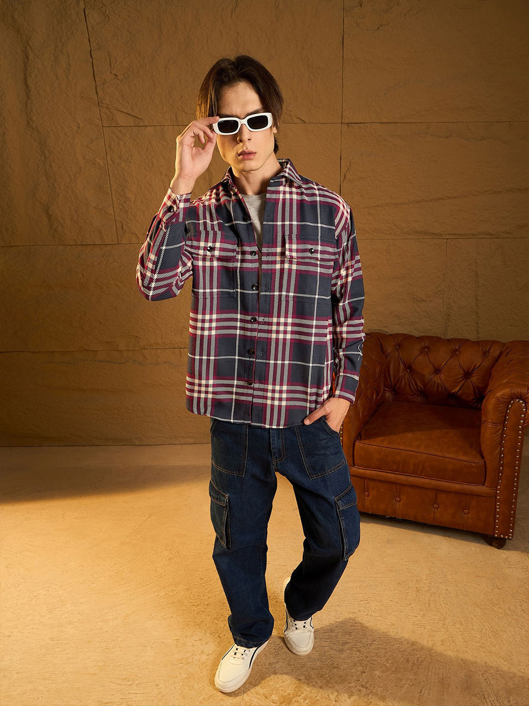 DENNISON Men Double Pocket Drop Shoulder Oversized Cotton Checked Shacket