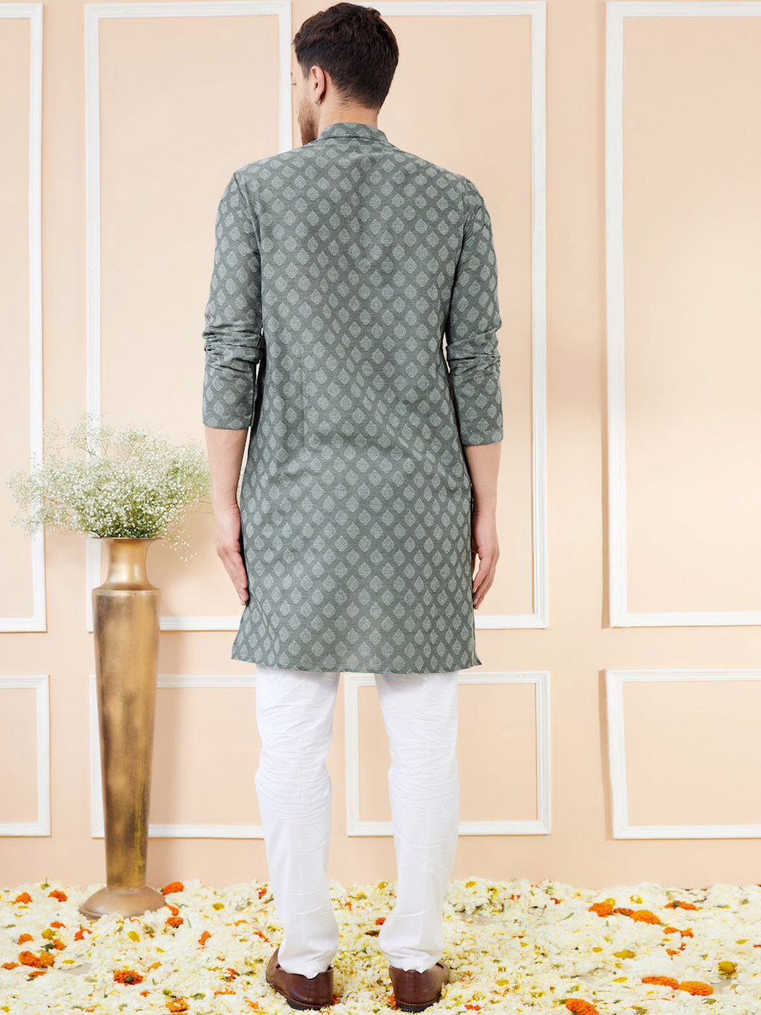 See Designs Ethnic Motifs Woven Design Mandarin Collar Straight Kurta With Pyjamas