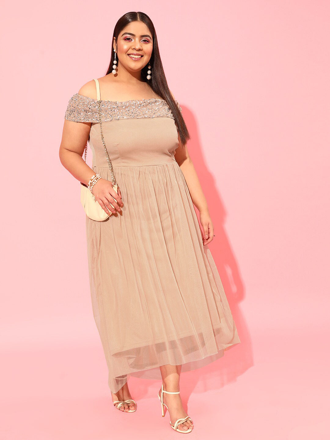 CURVY STREET Peach Plus Size Embellished Net Dress