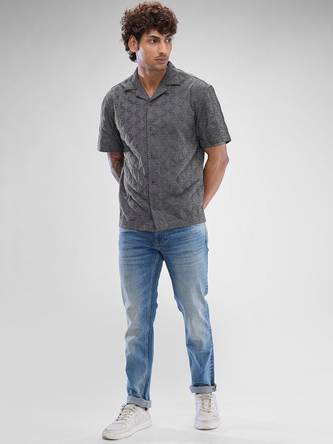 SPYKAR Men Cuban Collar Self Design Pure Cotton Casual Shirt
